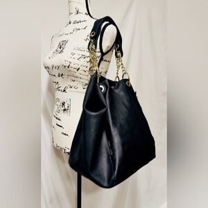 Hobo Shoulder Bag -Steve Madden Black Vegan Leather with Gold Chain Detail